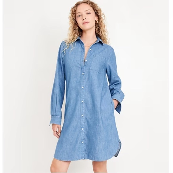 NWT! Long Sleeve Blue Denim Mini Shirt Dress - Size Small - Picture 1 of 6